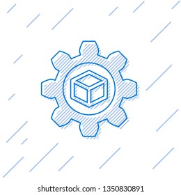 Blue Product development line icon isolated on white background. Gear and cube. Product development symbol design from Startup collection. Vector Illustration