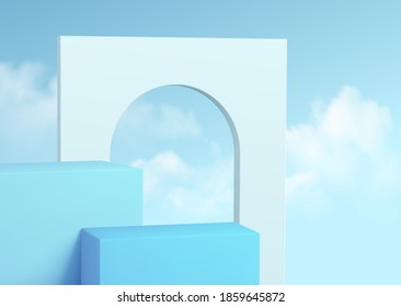 Muestra de podio de producto azul sobre el fondo de cielo claro con nubes. Muestra de podio producto cosmético 3d ilustración vectorial realista EPS10