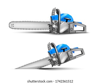 blue professional chainsaw on a white background.