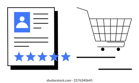 Blue profile with text lines and five stars next to a shopping cart. Ideal for e-commerce, customer reviews, online shopping, user ratings, digital marketing, web design. Simple flat style