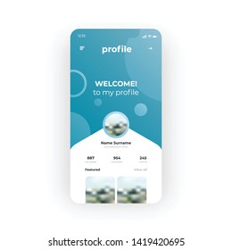 Blue profile UI, UX, GUI screen for mobile apps design. Modern responsive user interface design of mobile applications including Social Network Profile screen