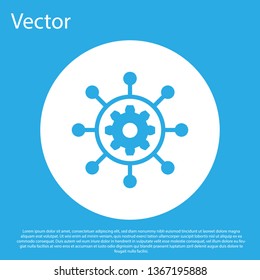 Blue Project management icon isolated on blue background. Hub and spokes and gear solid icon. White circle button. Flat design. Vector Illustration