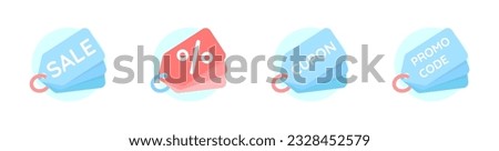 Blue promo code, discount, sale iocns set on a white background. Flat design illustration. Vector graphics