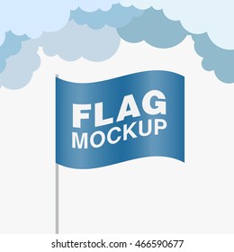 Blue promo flag mockup with clouds on the background. Vector illustration.