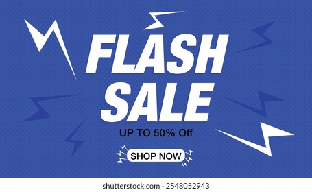 A blue promotional banner with bold white text reading "Flash Sale," lightning bolt graphics, and a call-to-action button offering up to 50% off.