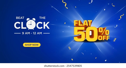 Blue promotional banner design with 'Beat the Clock' theme, featuring bold 50% off text, clock icon, vibrant rays, and confetti elements. Perfect for sales, discounts, and offers. 50% off Sale Banner.