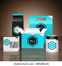 Blue promotional package design for corporate identity with central geometric element. Stationery set