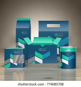 Blue promotional package design for corporate identity with geometric elements. Stationery set