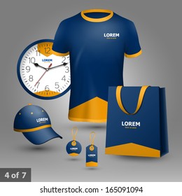 Blue promotional souvenirs design for company with orange arrow. Elements of stationery.