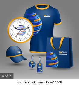 Blue promotional souvenirs design for company with digital planet. Elements of stationery.