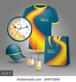 Blue promotional souvenirs design for corporate identity with orange waves. Stationery set