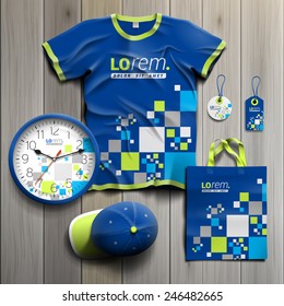 Blue promotional souvenirs design for corporate identity with pattern consists white and green squares. Stationery set