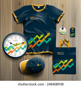Blue promotional souvenirs design for corporate identity with color arrows. Stationery set