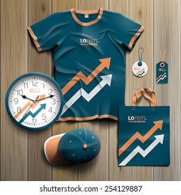Blue promotional souvenirs design for corporate identity with two arrows. Stationery set