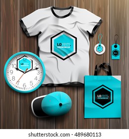 Blue promotional souvenirs design for corporate identity with central geometric element. Stationery set