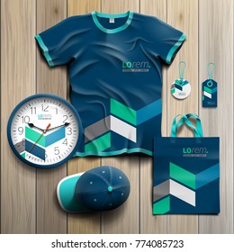 Blue promotional souvenirs design for corporate identity with geometric elements. Stationery set