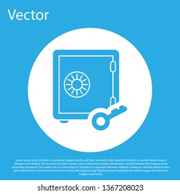 Blue Proof of stake icon isolated on blue background. Cryptocurrency economy and finance collection. White circle button. Flat design. Vector Illustration
