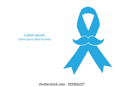 Blue prostate cancer ribbon awareness with mustache. Monochromatic flat simple design.