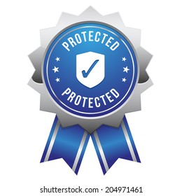 Blue protected badge with metallic border on white background