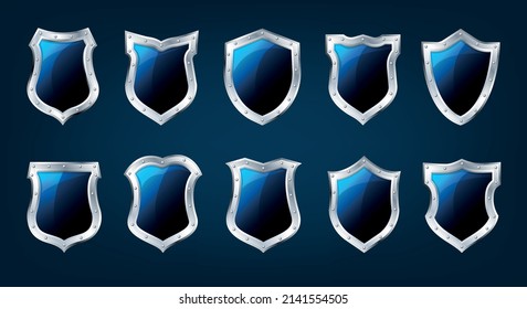 Blue protection shields. Iron security guardian azure glossy shield set isolated, silver metallic sapphirine safe strong guard secure shield defenders vector illustration