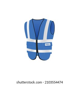 Blue Protective Vest For Reporters And Media Workers. Uniforms For Journalists Working In A Hazardous Location, Realistic Vector Illustration Isolated On White Background.