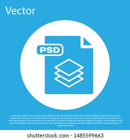 Blue PSD file document. Download psd button icon isolated on blue background. PSD file symbol. White circle button. Vector Illustration