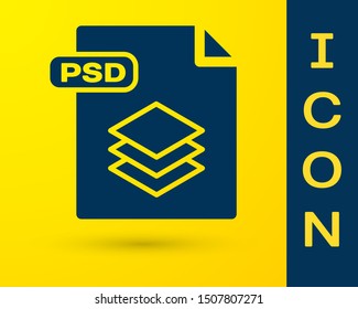 Blue PSD file document. Download psd button icon isolated on yellow background. PSD file symbol.  Vector Illustration