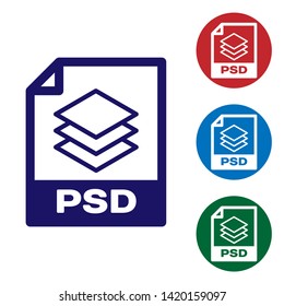 Blue PSD file document icon. Download psd button icon isolated on white background. PSD file symbol. Set color icon in circle buttons. Vector Illustration
