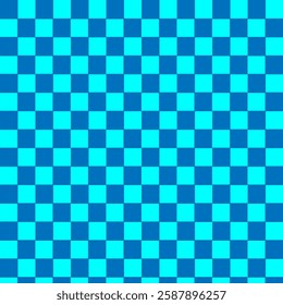 blue Psychedelic checkerboard background with warped wavy grid tile. Twisted checkered seamless geometric pattern in groovy style. Color chessboard posters with distortion effect, vector illustration.