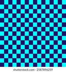 blue Psychedelic checkerboard background with warped wavy grid tile. Twisted checkered seamless geometric pattern in groovy style. Color chessboard posters with distortion effect, vector illustration.