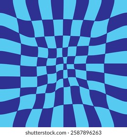 blue Psychedelic checkerboard background with warped wavy grid tile. Twisted checkered seamless geometric pattern in groovy style. Color chessboard posters with distortion effect, vector illustration.