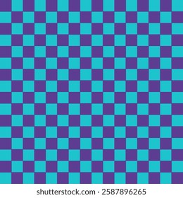 blue Psychedelic checkerboard background with warped wavy grid tile. Twisted checkered seamless geometric pattern in groovy style. Color chessboard posters with distortion effect, vector illustration.