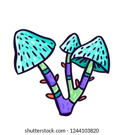 
Blue Psychedelic Mushrooms. Hand draw mushrooms. Cartoon mushrooms.