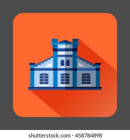 Blue public building icon in flat style on a orange background