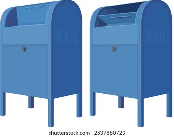 Blue public collection mailbox open and closed representing USPS postal service, letter dispatch, communication, and courier delivery logistics (cut out)
