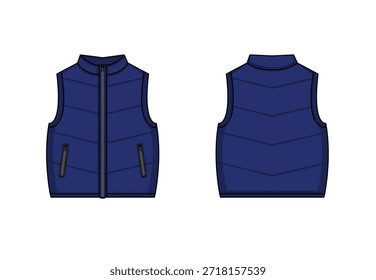 Blaue Puffer Weste Vektor Vorder-und Rückansicht Schablone