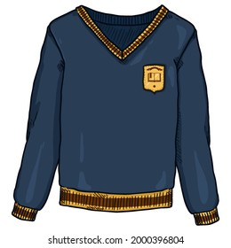 Blue Pullover with School Badge. Vector Cartoon School Uniform Illustration.