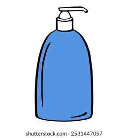 blue pump bottle with a pump dispenser on top, typically used for liquids like soap or lotion. illustration in flat style with outlines for cosmetics, beauty, , healthy body and care packaging design