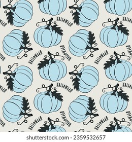 Blue pumpkin pattern, hand drawn doodle. Halloween atribute and Thankgiving. 