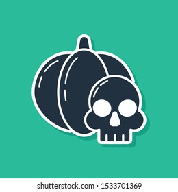 Blue Pumpkin and skull icon isolated on green background. Happy Halloween party.  Vector Illustration
