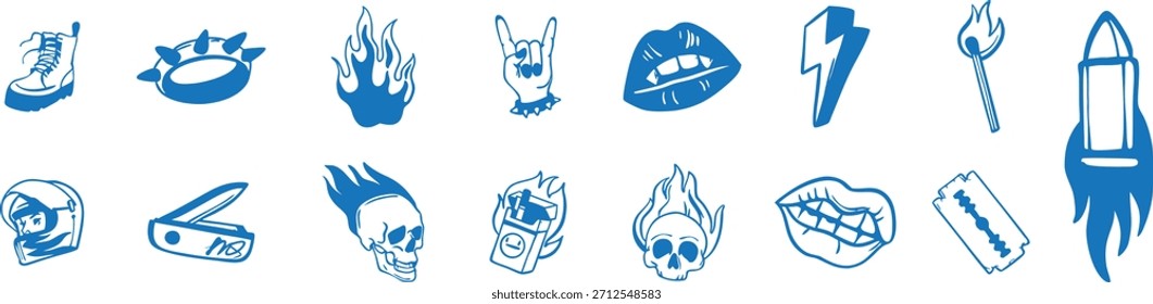 Blue punk-style icon set featuring flames, skulls, lightning, lips, and edgy graphic symbols. Bold illustrated elements ideal for stickers, posters, and digital design projects. High-contrast vector 