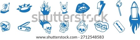 Blue punk-style icon set featuring flames, skulls, lightning, lips, and edgy graphic symbols. Bold illustrated elements ideal for stickers, posters, and digital design projects. High-contrast vector 