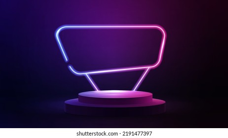 Blue and purple abstract scene with empty podium with neon pink and blue asymmetric frame