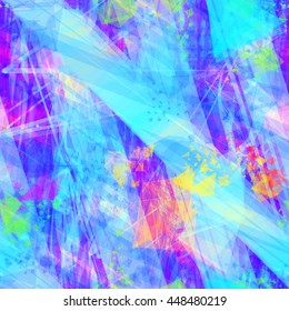 Blue and purple. Abstract seamless vector pattern. Triangles, crystals, curved lines, stripes, streaks. Mixed random. Watercolor effect.