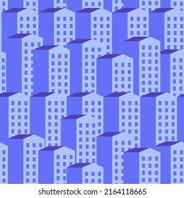 Blue purple apartment houses. Wallpaper. Vector seamless pattern. Property background. Modern buildings. Smart Home security. Real estate. Town. City life. Construction industry. Housing development.