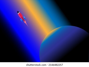 Blue purple background beam yellow and green fantasy rocket in space design vector EPS-10