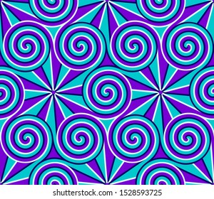 Blue and purple background with twisted elements. Wrapping paper. Optical illusion of movement. Seamless pattern.