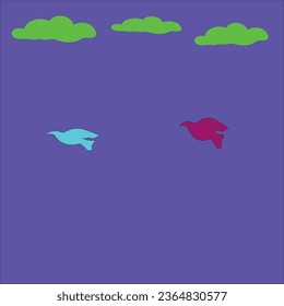 blue and purple bird flying under green clouds in front of the background