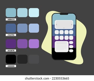 Paleta de color azul morado negro de aplicación móvil, códigos de color RGB para aplicaciones móviles, catálogo de colores fríos, idea de diseño y edición, coincidencia de colores, ejemplo de paleta de colores armoniosos para la aplicación de teléfono móvil