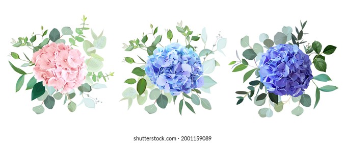 Blue, purple, blush pink hydrangea flowers, emerald greenery and eucalyptus wedding vector bouquets set. Floral pastel watercolor. Blooming garden hortensia. Elements are isolated and editable